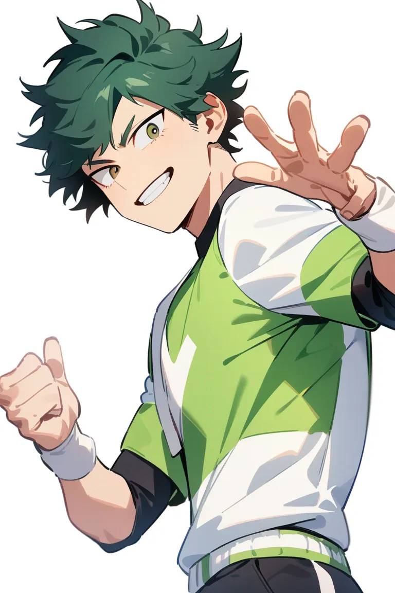 Appearance: 1boy, green hair, hazel eyes, mischievous grin, My Hero Academia training outfit, quirk: elasticity, playful stance, single character, upper body, looking at viewer, anime style, simple background, white background