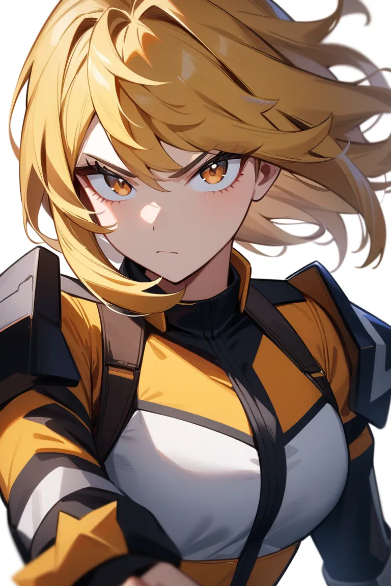 Appearance: 1girl, yellow hair, brown eyes, fierce look, My Hero Academia combat uniform, quirk: lightning_generation, battle-ready pose, single character, upper body, looking at viewer, anime style, simple background, white background