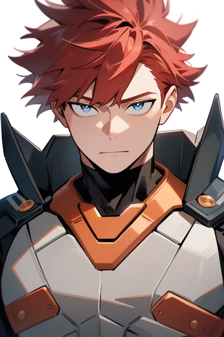 Appearance: 1boy, red hair, blue eyes, calm expression, My Hero Academia support gear, quirk: technological_intelligence, thoughtful pose, single character, upper body, looking at viewer, anime style, simple background, white background