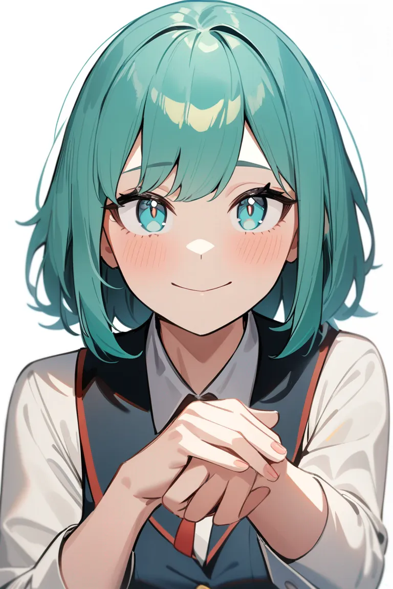 Appearance: 1girl, teal hair, silver eyes, gentle smile, My Hero Academia school uniform, quirk: healing, nurturing pose, single character, upper body, looking at viewer, anime style, simple background, white background