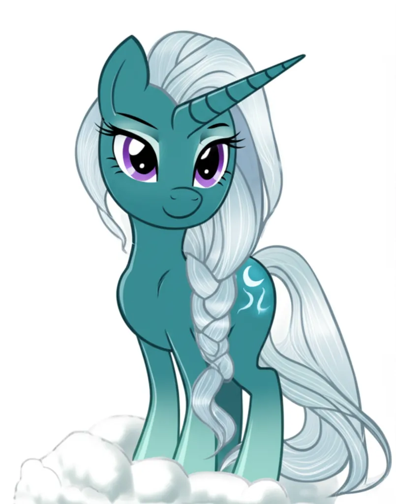 Appearance: pony, unicorn, teal body, silver mane, long braided mane, violet eyes, crescent moon cutie mark, My Little Pony, serene expression, standing on a cloud, single character, upper body, looking at viewer, anime style, simple background, white background