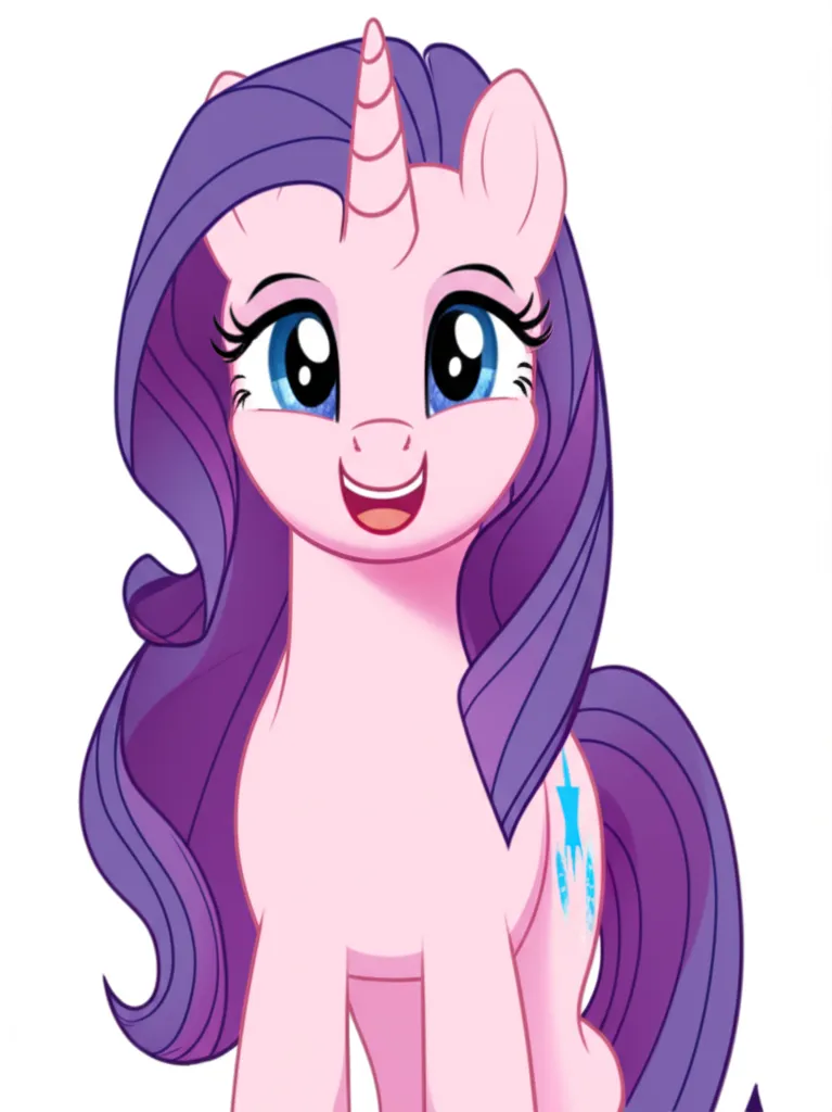 Appearance: pony, unicorn, pink body, purple mane, long mane, blue eyes, star cutie mark, My Little Pony, cheerful smile, single character, upper body, looking at viewer, anime style, simple background, white background