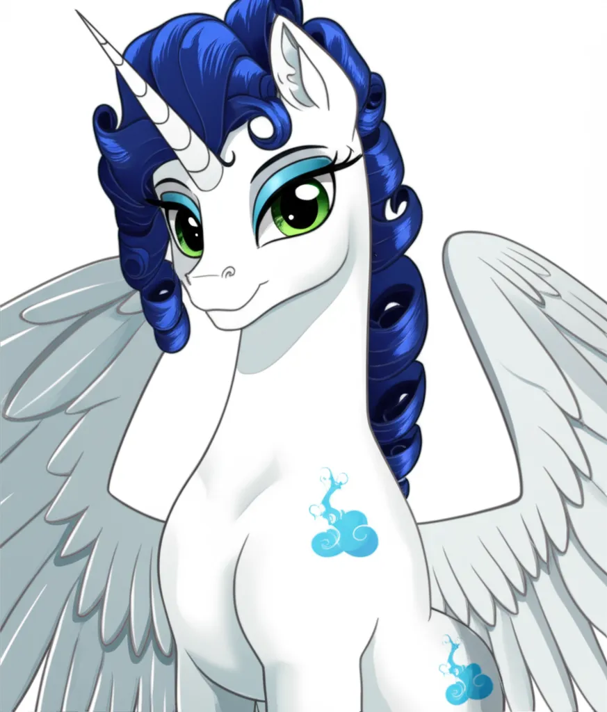 Appearance: pony, pegasus, white body, blue mane, curly hair, green eyes, cloud cutie mark, My Little Pony, confident expression, wings spread, single character, upper body, looking at viewer, anime style, simple background, white background