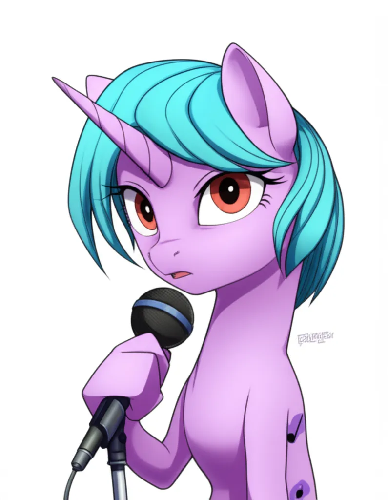Appearance: pony, unicorn, lavender body, teal mane, short mane, orange eyes, music note cutie mark, My Little Pony, passionate look, holding a microphone, single character, upper body, looking at viewer, anime style, simple background, white background