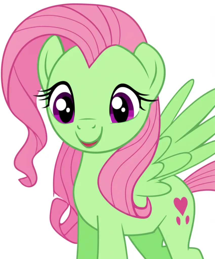 Appearance: pony, pegasus, green body, pink mane, long mane, purple eyes, heart cutie mark, My Little Pony, playful expression, flying pose, single character, upper body, looking at viewer, anime style, simple background, white background