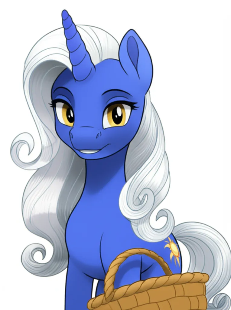 Appearance: pony, earth pony, blue body, white mane, curly mane, gold eyes, sun cutie mark, My Little Pony, determined smile, carrying a basket, single character, upper body, looking at viewer, anime style, simple background, white background