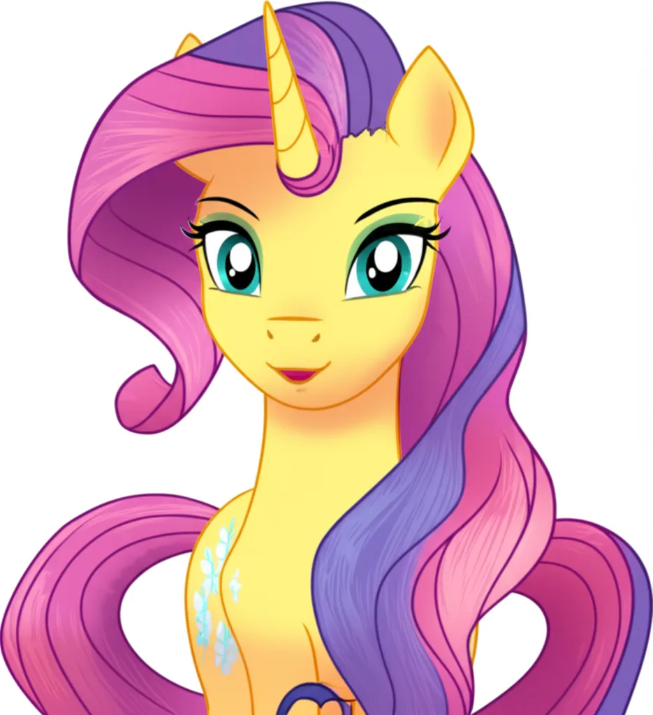 Appearance: pony, unicorn, yellow body, pink and purple mane, wavy mane, turquoise eyes, butterfly cutie mark, My Little Pony, dreamy expression, casting a spell, single character, upper body, looking at viewer, anime style, simple background, white background