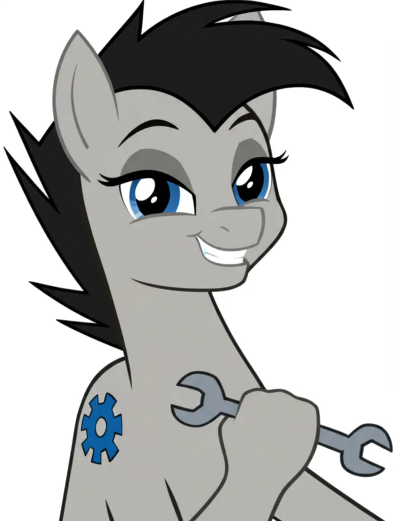 Appearance: pony, earth pony, grey body, black mane, spiky mane, blue eyes, gear cutie mark, My Little Pony, clever smile, holding a wrench, single character, upper body, looking at viewer, anime style, simple background, white background
