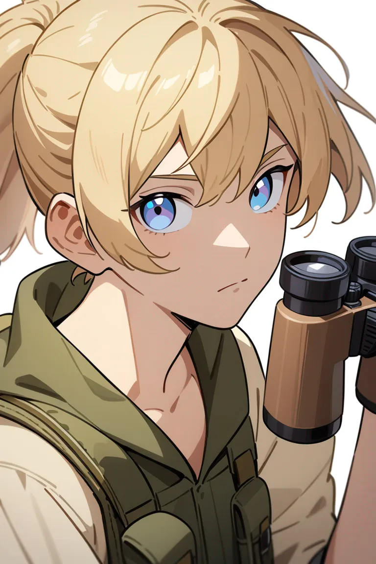 Appearance: 1boy, sandy blonde hair, icy blue eyes, thoughtful demeanor, Naruto style scout outfit, binoculars, observant pose, single character, upper body, looking at viewer, anime style, simple background, white background