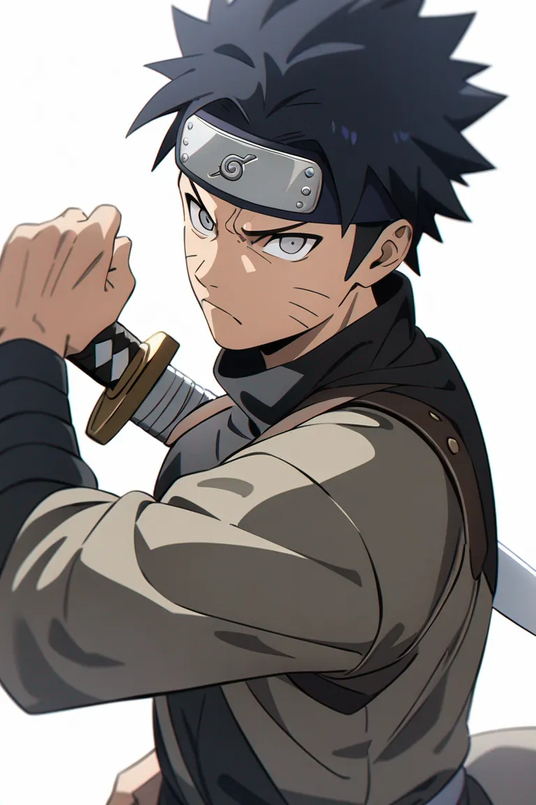 Appearance: 1boy, dark blue hair, gray eyes, serious expression, Naruto style shinobi attire, katana, defensive stance, single character, upper body, looking at viewer, anime style, simple background, white background