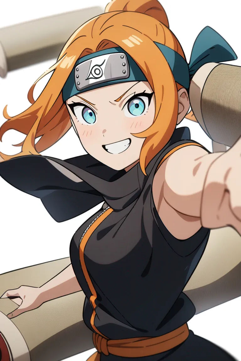 Appearance: 1girl, orange hair, teal eyes, playful smile, Naruto style ninja clothing, headband, scroll, energetic pose, single character, upper body, looking at viewer, anime style, simple background, white background