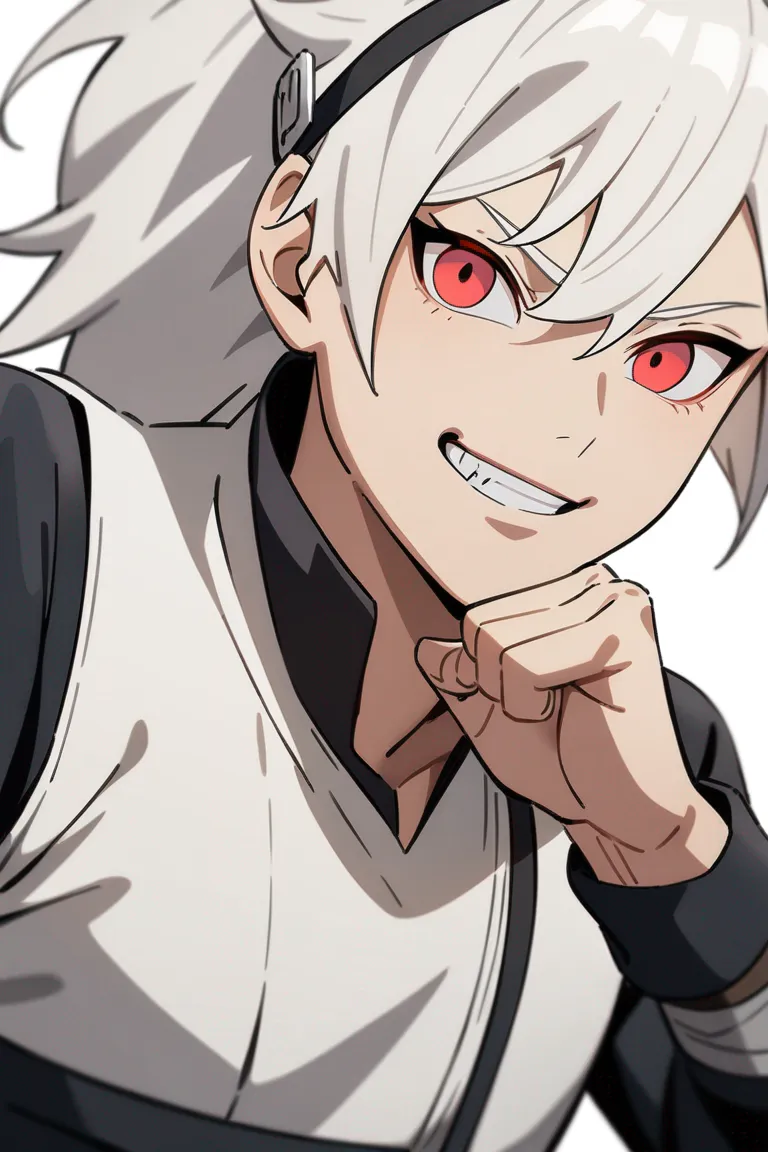 Appearance: 1boy, white hair, red eyes, mischievous grin, Naruto style rogue outfit, hidden weapons, sneaky stance, single character, upper body, looking at viewer, anime style, simple background, white background
