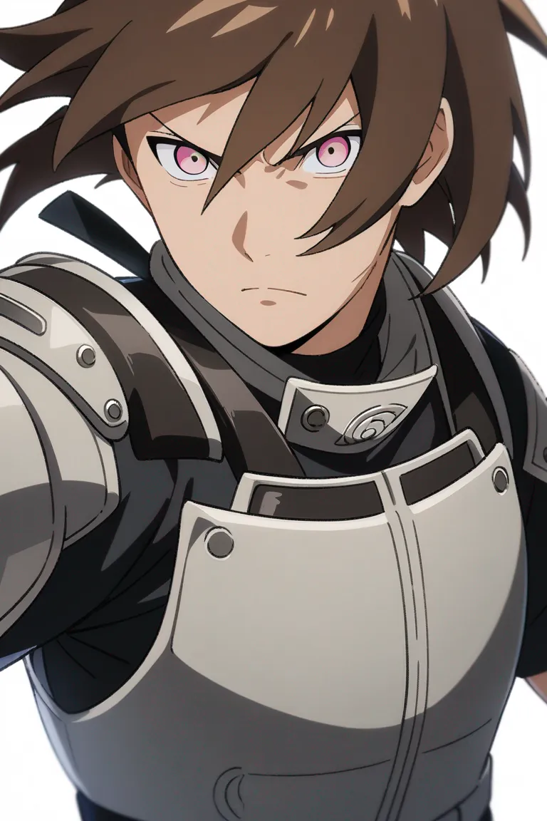 Appearance: 1boy, brown hair, hazel eyes, determined look, Naruto style village protector attire, armor pieces, heroic pose, single character, upper body, looking at viewer, anime style, simple background, white background