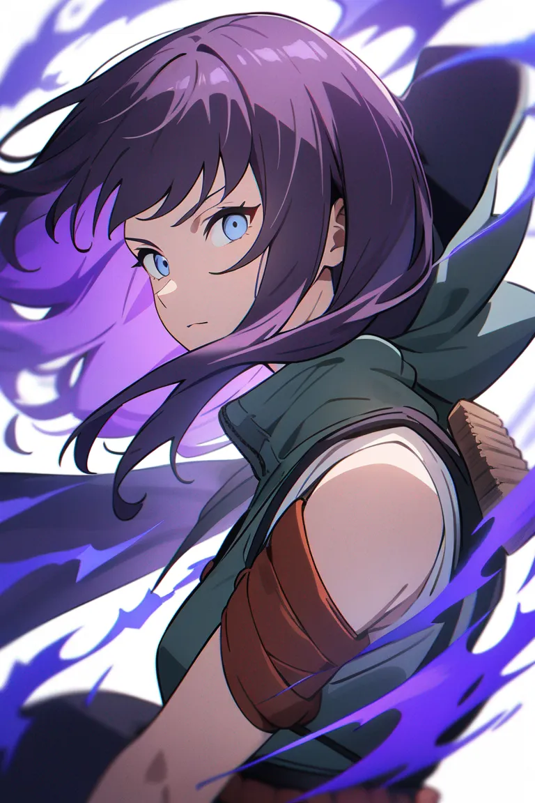 Appearance: 1girl, long purple hair, blue eyes, mysterious aura, Naruto style healing ninja outfit, medicinal herbs, serene stance, single character, upper body, looking at viewer, anime style, simple background, white background