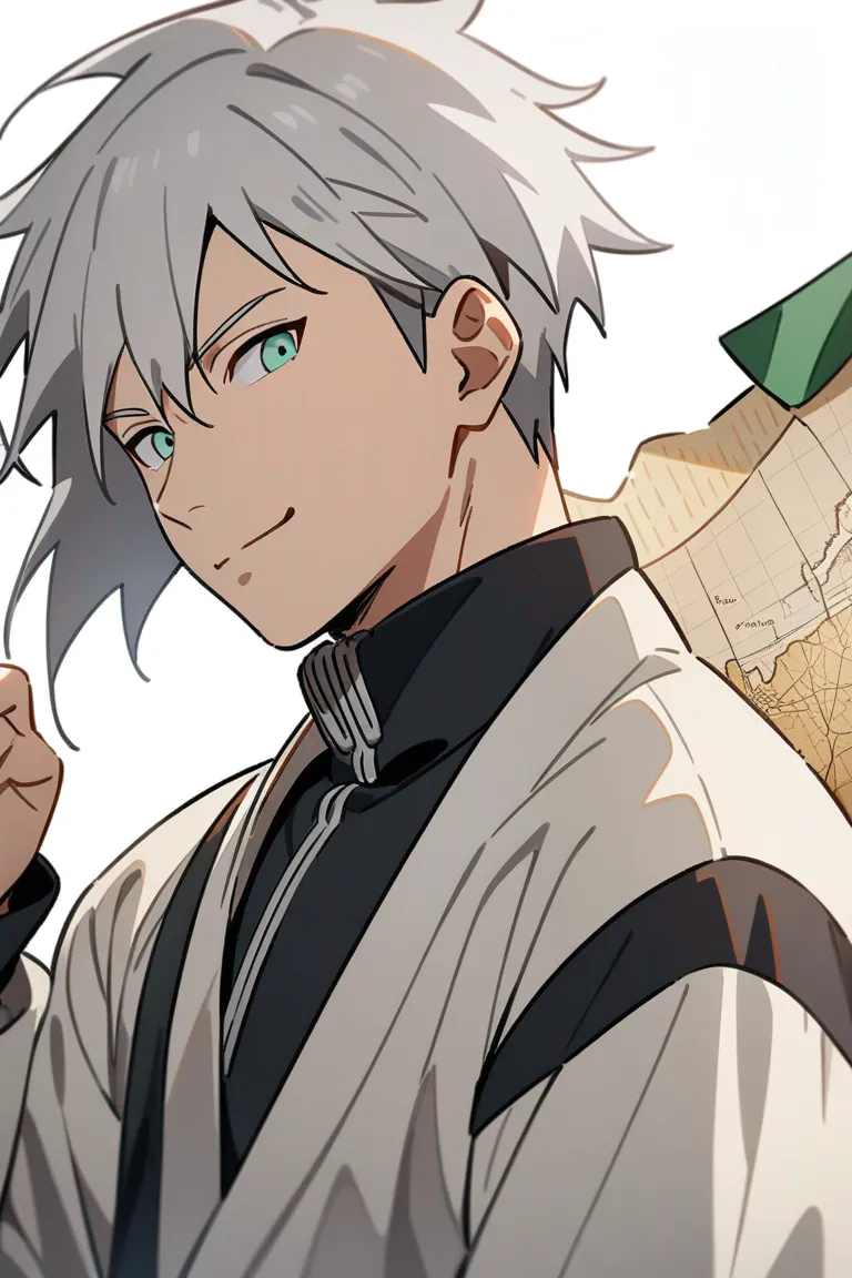 Appearance: 1boy, light gray hair, emerald eyes, confident smile, Naruto style strategist clothing, map, thoughtful pose, single character, upper body, looking at viewer, anime style, simple background, white background