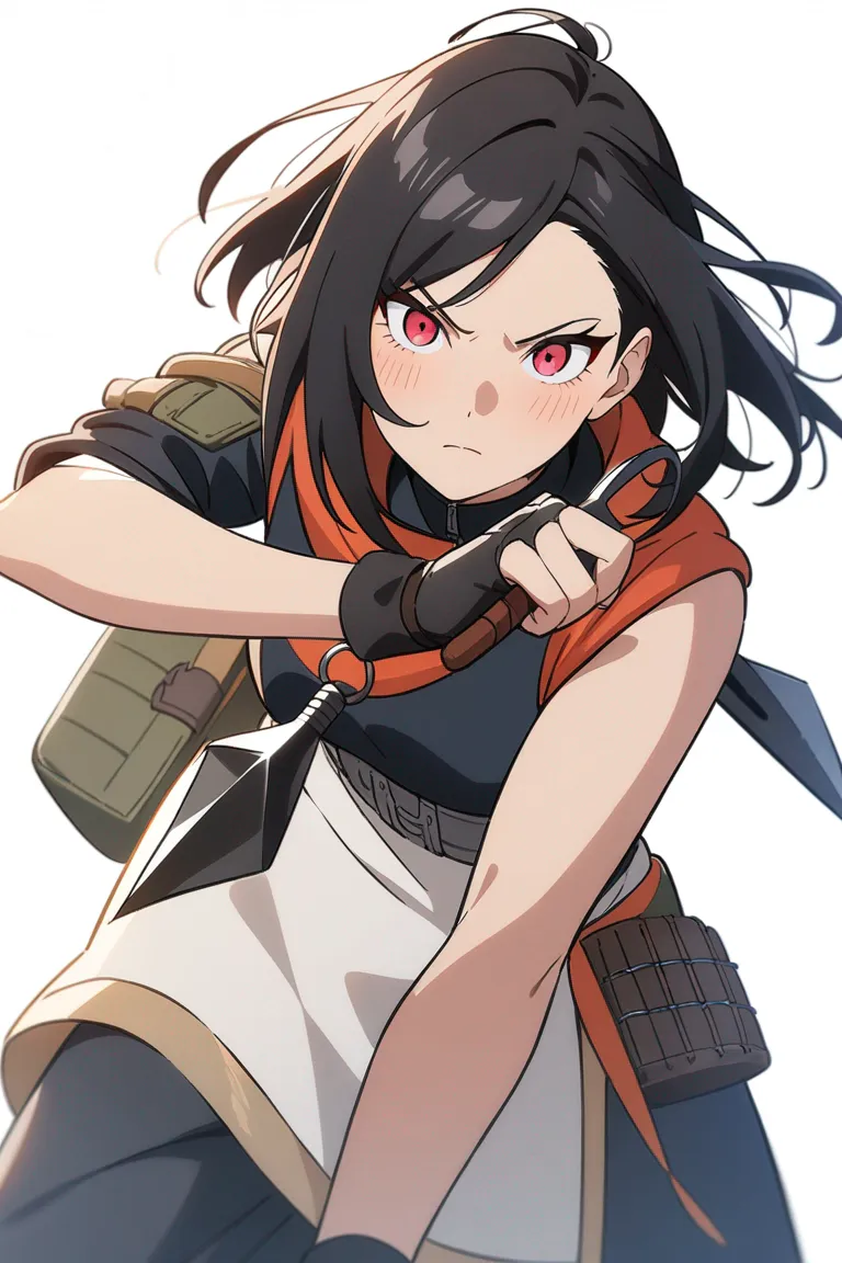 Appearance: 1girl, raven black hair, bright red eyes, brave expression, Naruto style combat ensemble, kunai, ready stance, single character, upper body, looking at viewer, anime style, simple background, white background