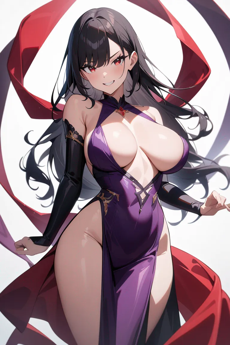 Appearance: 1girl, long black hair, red eyes, alluring grin, revealing purple dress, curvy figure, confident pose, beautiful, sexy, single character, upper body, looking at viewer, anime style, simple background, white background