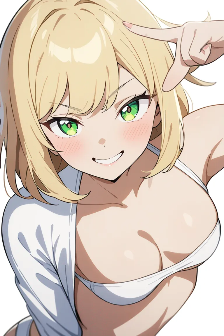 Appearance: 1girl, short blonde hair, green eyes, mischievous smile, revealing white bikini, athletic figure, playful pose, sexy, detailed, single character, upper body, looking at viewer, anime style, simple background, white background