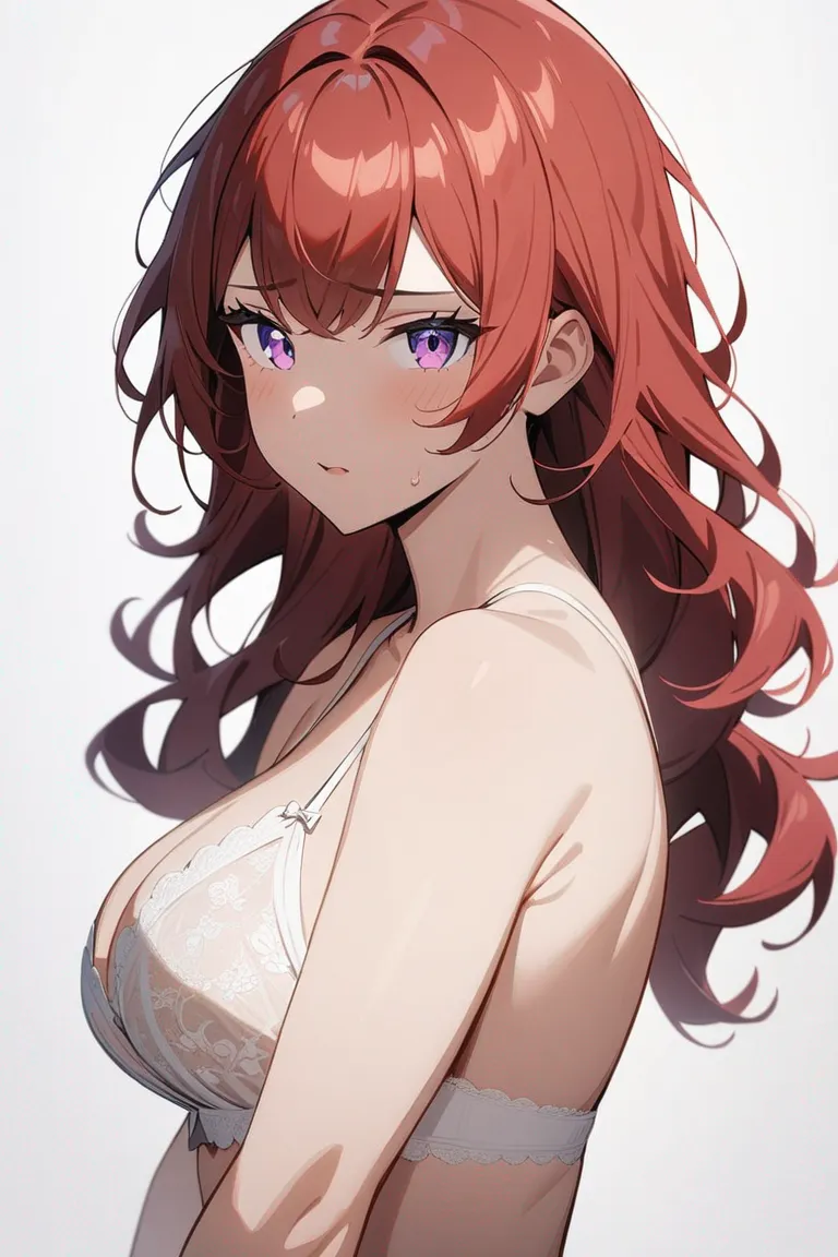 Appearance: 1girl, wavy red hair, violet eyes, sultry expression, lace lingerie, curvy silhouette, intimate pose, beautiful, attractive, single character, upper body, looking at viewer, anime style, simple background, white background