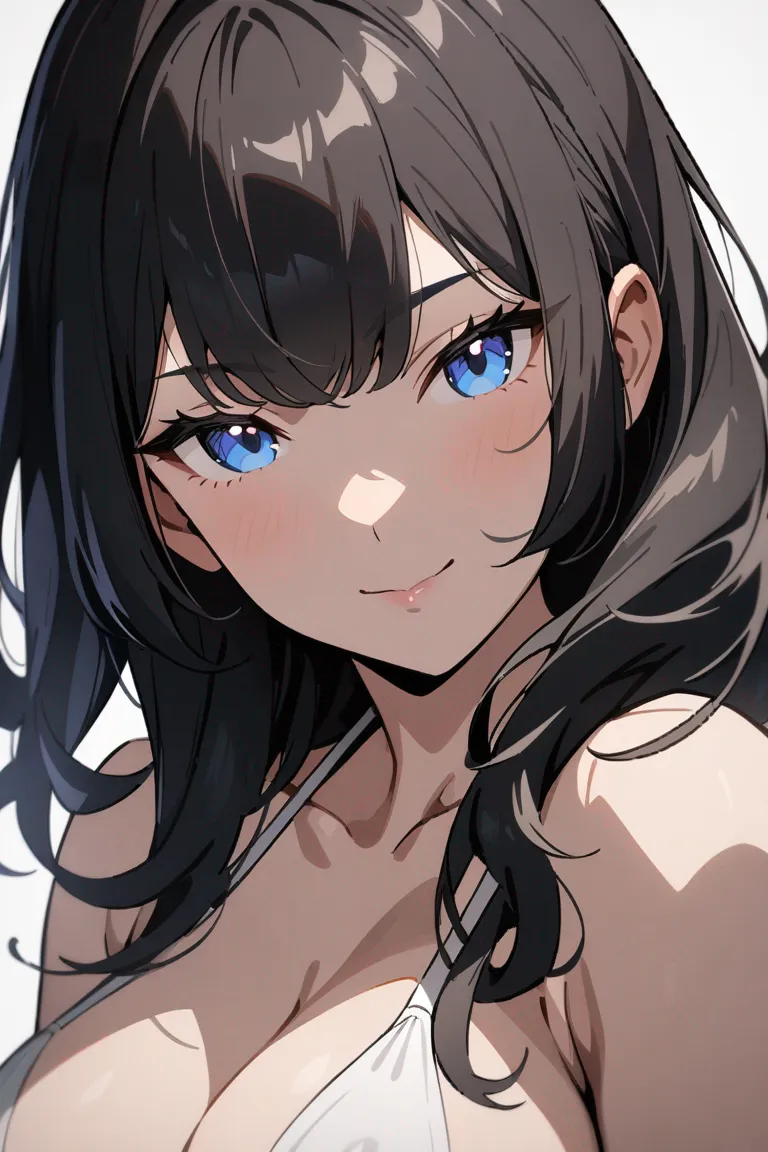 Appearance: 1girl, long black hair, blue eyes, sultry smile, revealing white bikini, voluptuous figure, seductive pose, detailed, single character, upper body, looking at viewer, anime style, simple background, white background