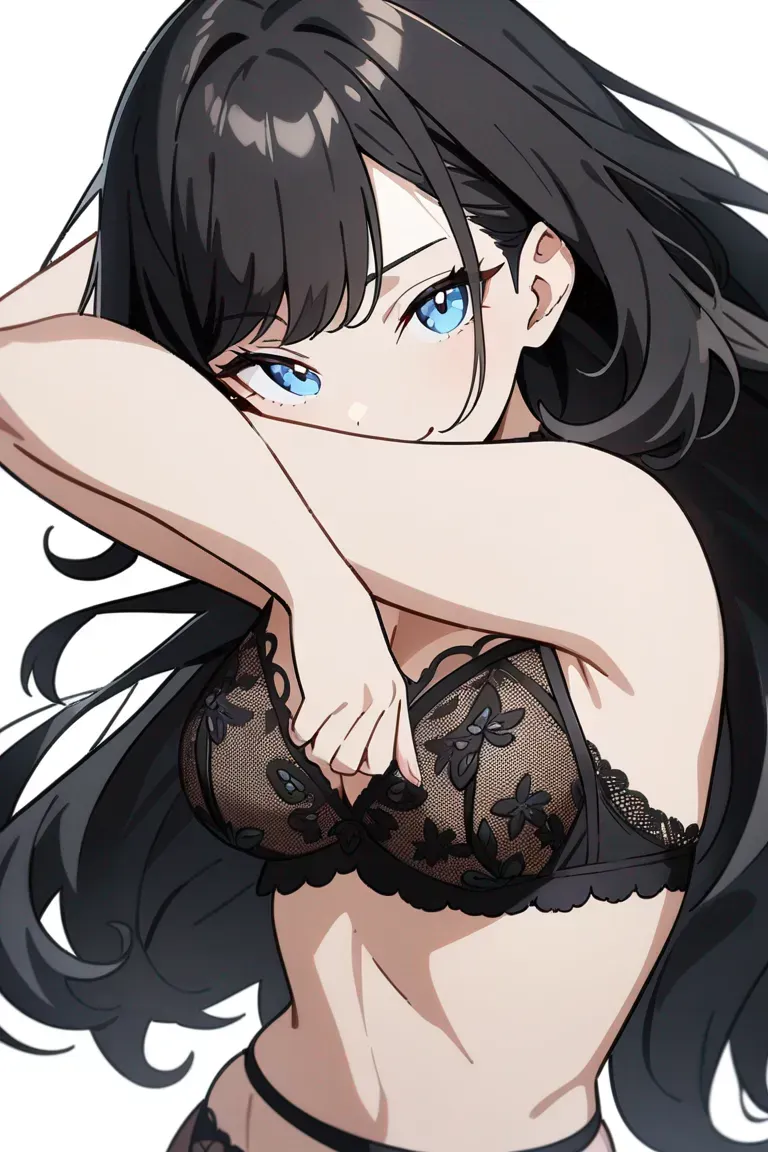 Appearance: 1girl, long black hair, blue eyes, seductive smile, lace lingerie, thigh-high stockings, playful pose, single character, upper body, looking at viewer, anime style, simple background, white background