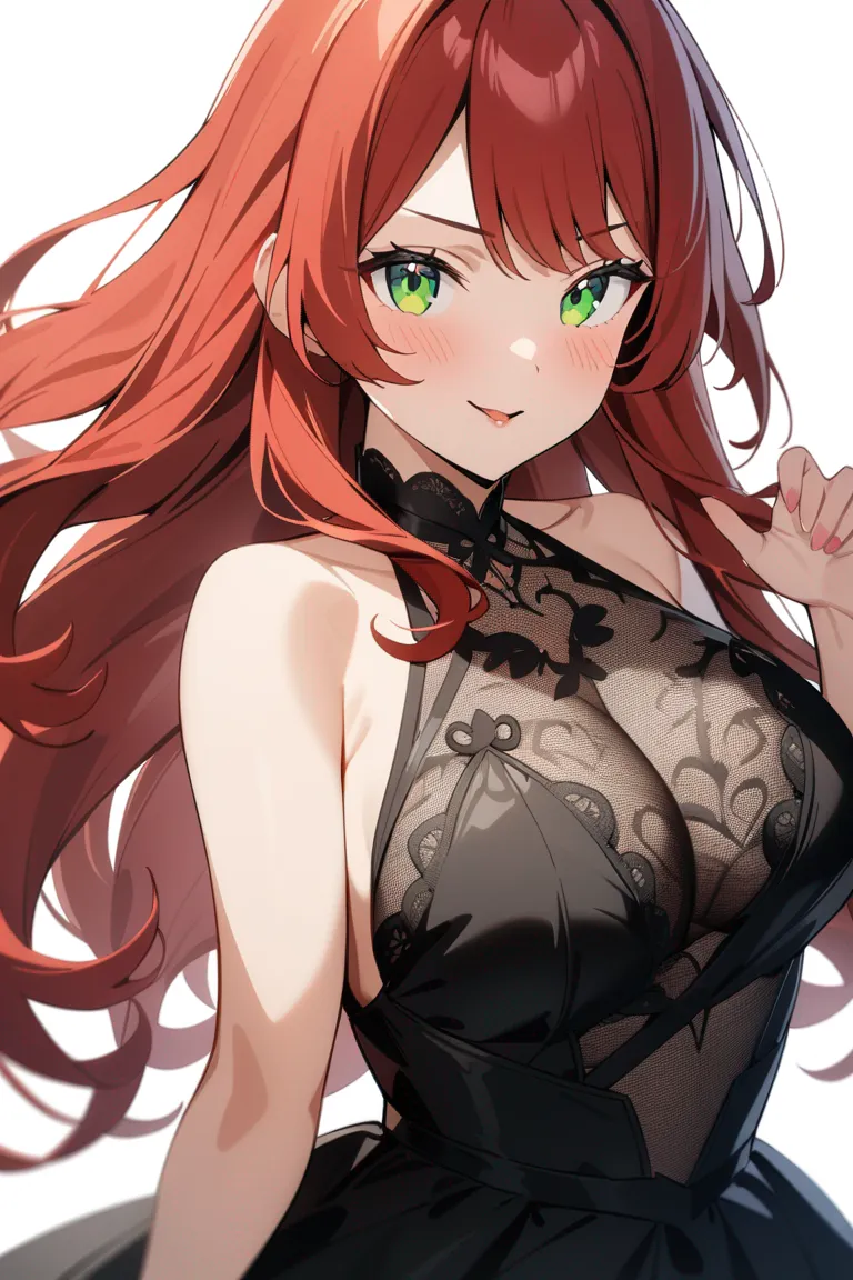 Appearance: 1girl, flowing red hair, green eyes, flirtatious wink, sheer lace outfit, curvy figure, playful pose, beautiful, single character, upper body, looking at viewer, anime style, simple background, white background