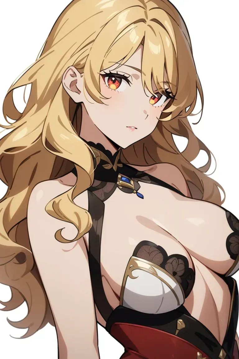 Appearance: 1girl, wavy blonde hair, amber eyes, sultry gaze, revealing dress, high heels, allure, single character, upper body, looking at viewer, anime style, simple background, white background