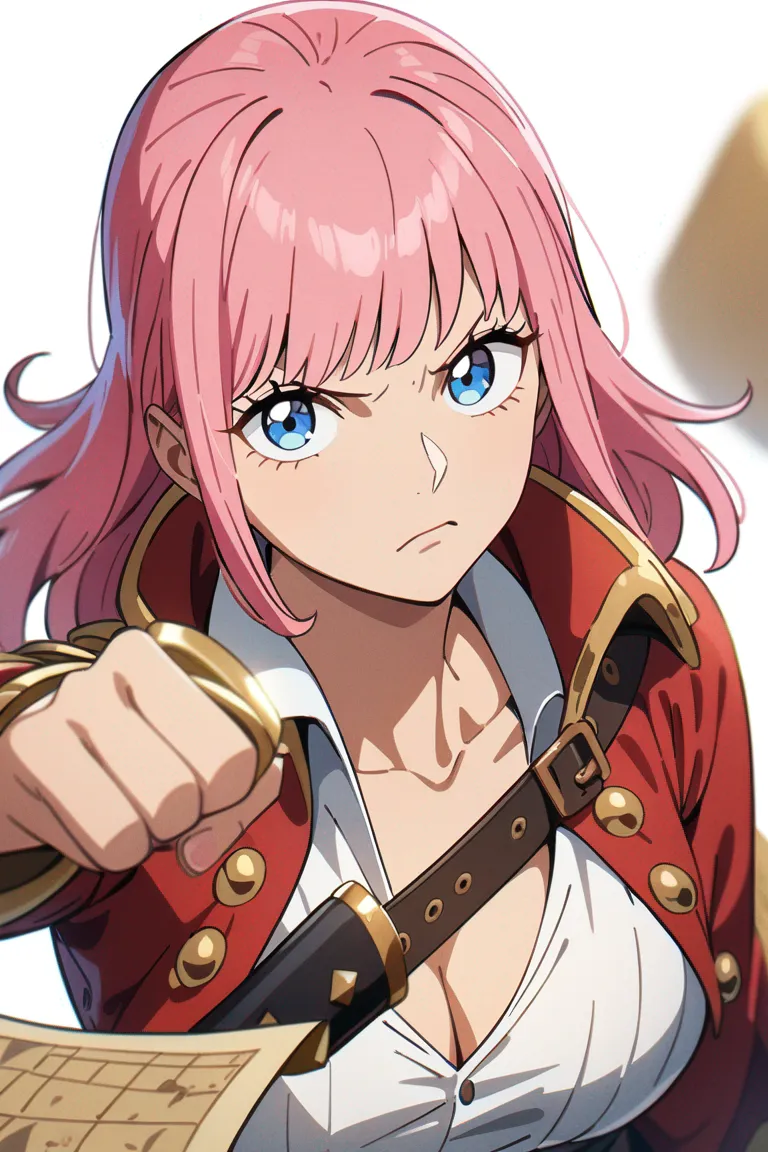 Appearance: 1girl, pink hair, blue eyes, adventurous expression, One Piece style pirate outfit, sword at her side, treasure map in hand, confident stance, single character, upper body, looking at viewer, anime style, simple background, white background