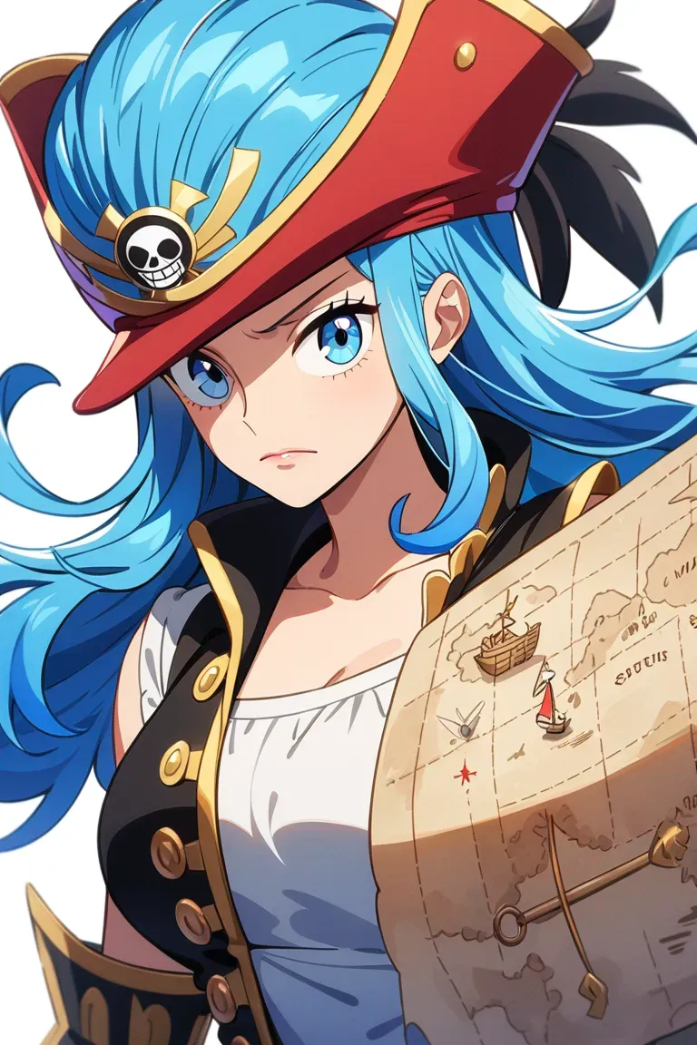 Appearance: 1girl, blue hair, ocean blue eyes, adventurous spirit, One Piece style pirate outfit, treasure map, confident pose, single character, upper body, looking at viewer, anime style, simple background, white background
