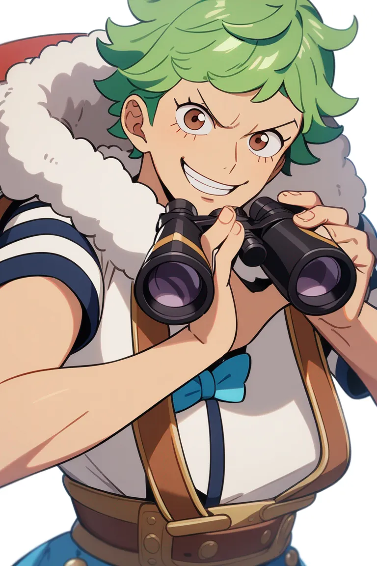 Appearance: 1boy, green hair, brown eyes, mischievous grin, One Piece style explorer outfit, binoculars, standing on a ship, playful pose, single character, upper body, looking at viewer, anime style, simple background, white background