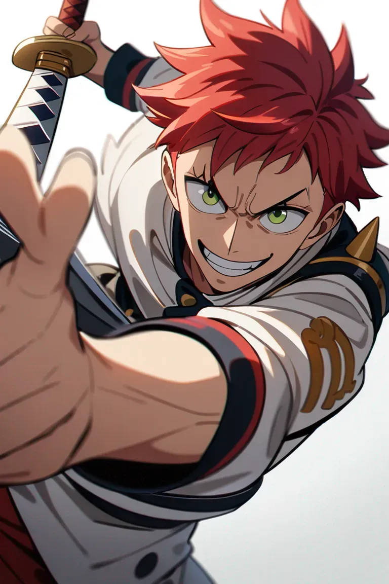 Appearance: 1boy, spiky red hair, green eyes, mischievous grin, One Piece style marine uniform, sword, playful stance, single character, upper body, looking at viewer, anime style, simple background, white background