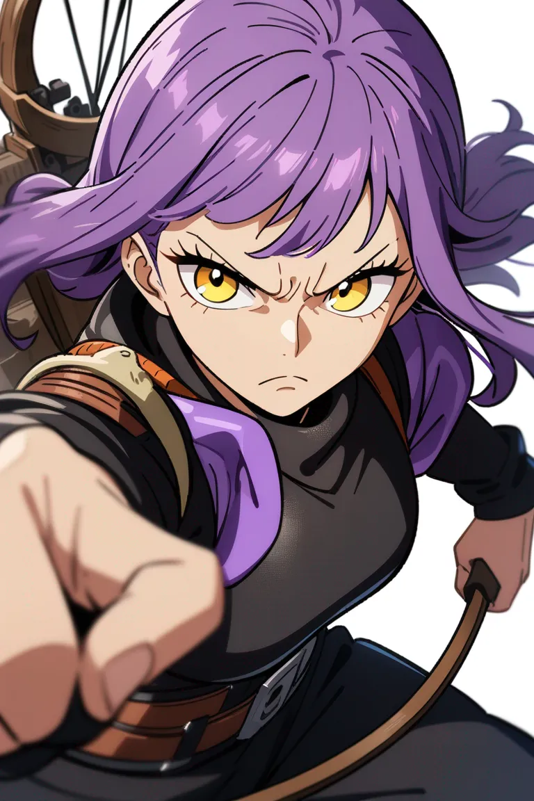 Appearance: 1girl, purple hair, yellow eyes, serious expression, One Piece style bounty hunter attire, crossbow, determined stance, single character, upper body, looking at viewer, anime style, simple background, white background