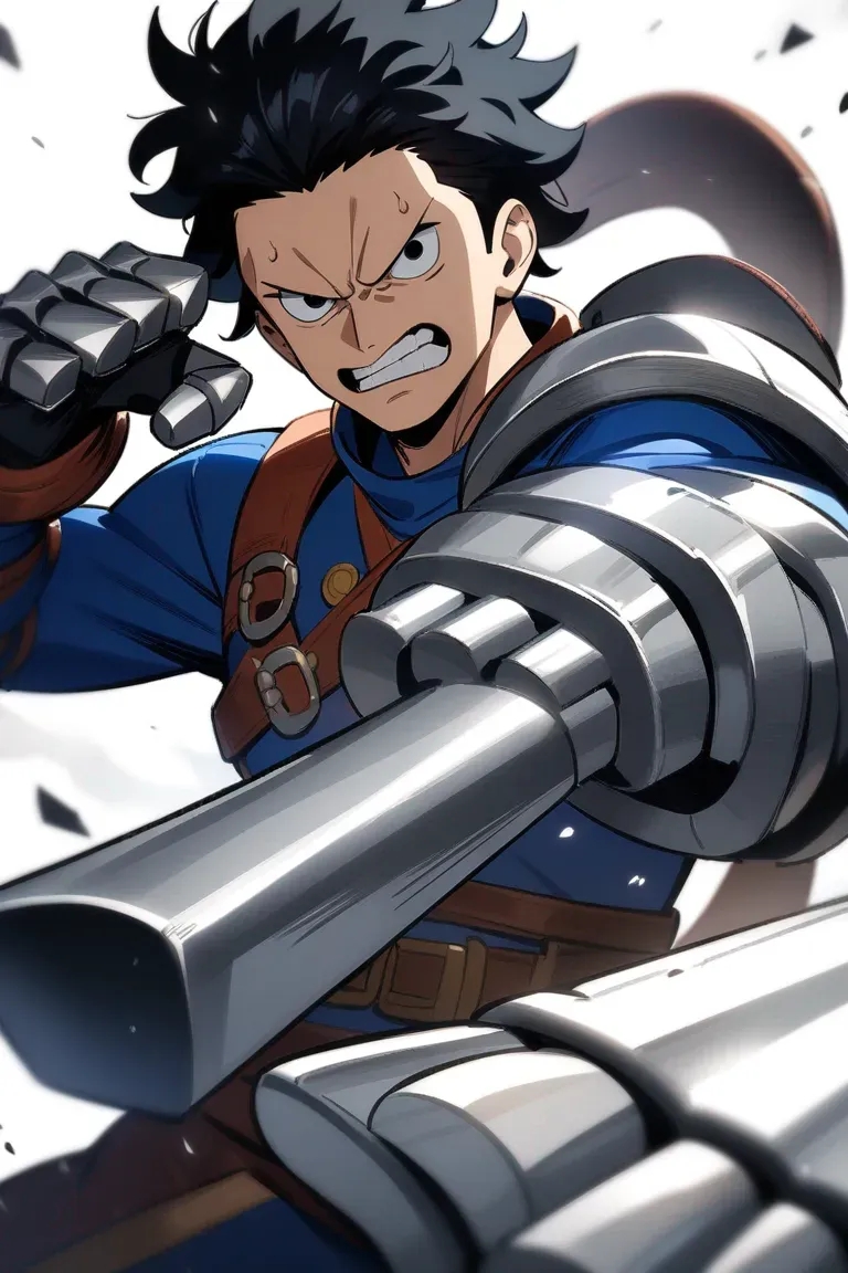 Appearance: 1boy, wavy black hair, silver eyes, strong demeanor, One Piece style brawler outfit, gauntlets, ready for a fight pose, single character, upper body, looking at viewer, anime style, simple background, white background