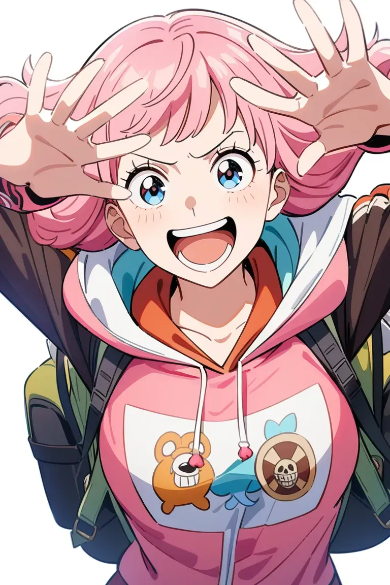 Appearance: 1girl, long pink hair, light blue eyes, cheerful expression, One Piece style explorer clothing, backpack, excited pose, single character, upper body, looking at viewer, anime style, simple background, white background