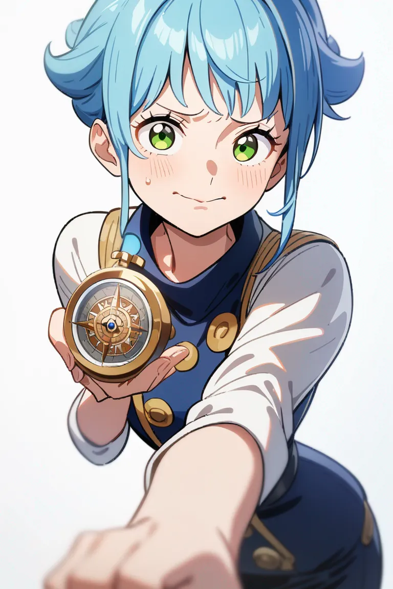 Appearance: 1girl, blue hair, green eyes, shy smile, One Piece style navigator outfit, compass in hand, standing on a deck, nervous stance, single character, upper body, looking at viewer, anime style, simple background, white background