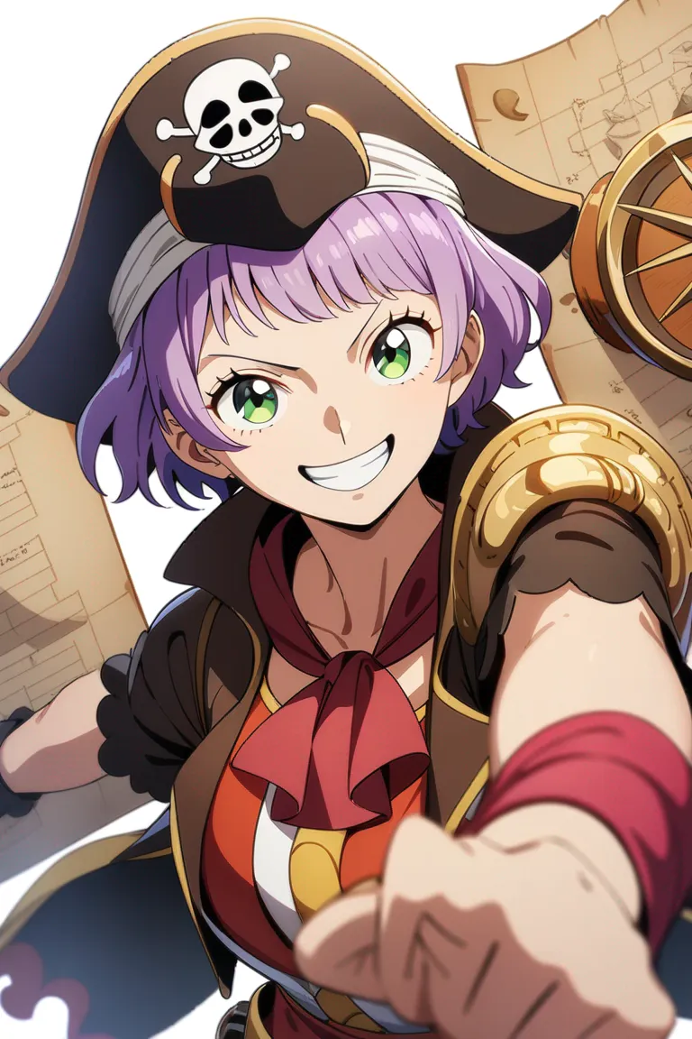 Appearance: 1girl, purple hair, green eyes, cheerful smile, One Piece style pirate outfit, navigator tools, treasure map, adventurous stance, single character, upper body, looking at viewer, anime style, simple background, white background