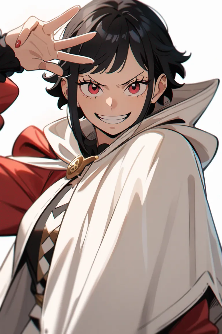 Appearance: 1girl, black hair, red eyes, mischievous grin, One Piece style thieves' outfit, mask, dagger, playful pose, single character, upper body, looking at viewer, anime style, simple background, white background