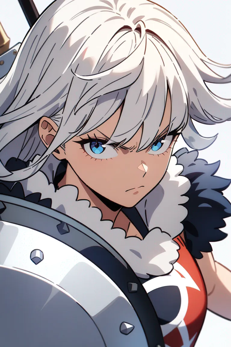 Appearance: 1girl, white hair, blue eyes, fierce look, One Piece style warrior clothing, shield, spear, battle-ready stance, single character, upper body, looking at viewer, anime style, simple background, white background