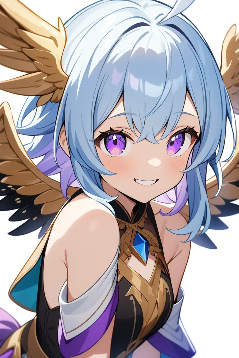 Appearance: 1girl, light blue hair, purple eyes, whimsical smile, fantasy outfit, wings, playful demeanor, single character, upper body, looking at viewer, anime style, simple background, white background