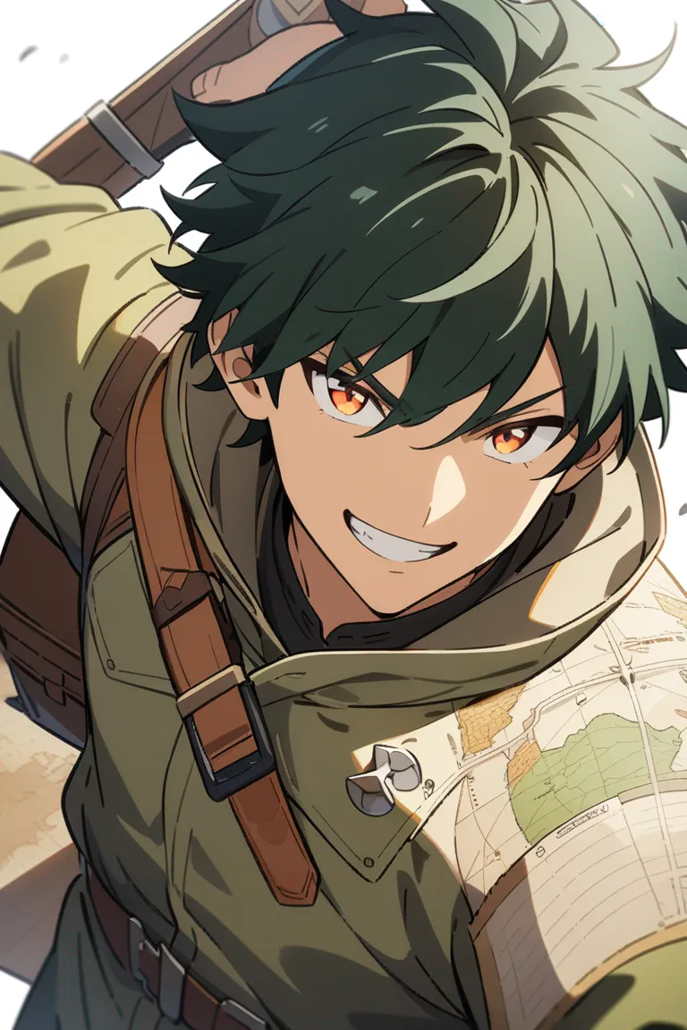 Appearance: 1boy, dark green hair, orange eyes, adventurous grin, explorer's gear, map, confident pose, single character, upper body, looking at viewer, anime style, simple background, white background