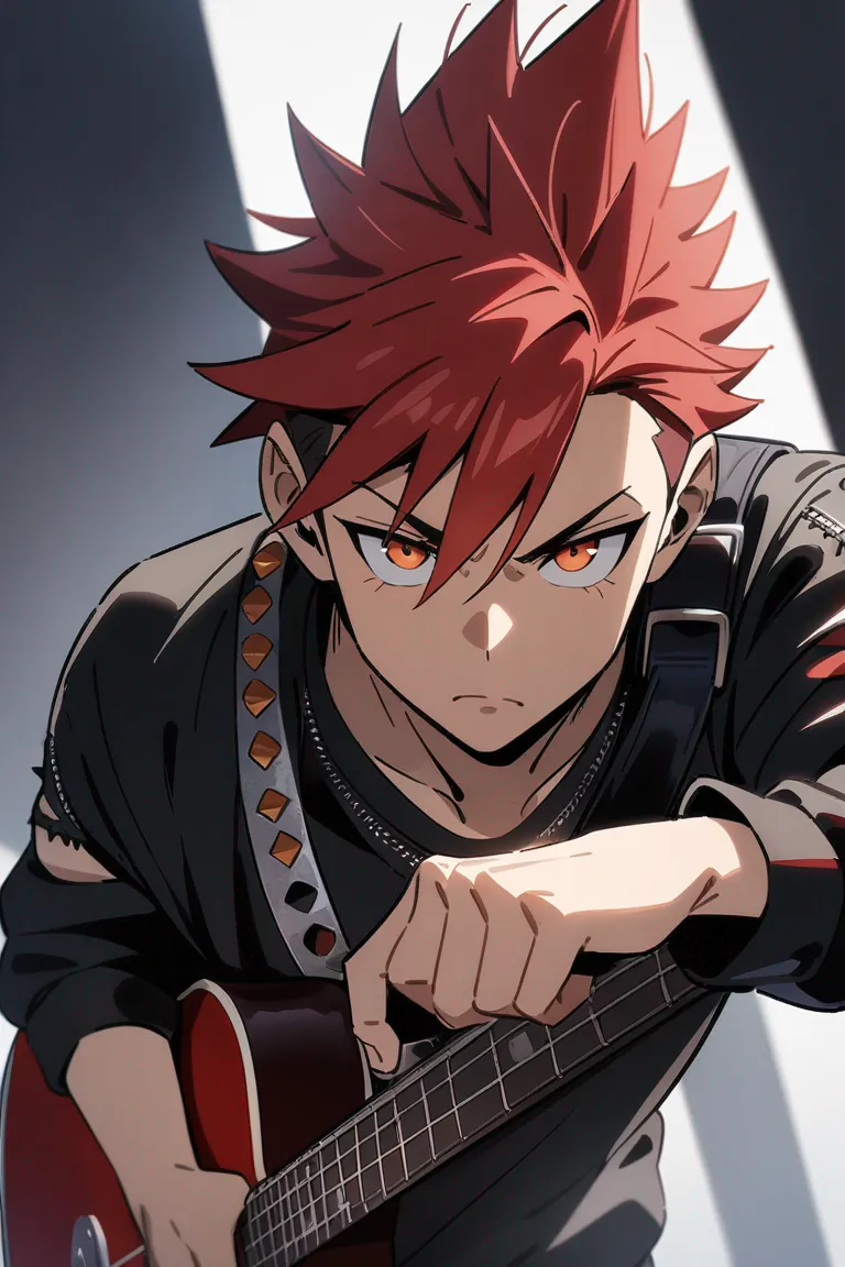 Appearance: 1boy, spiky red hair, amber eyes, rebellious look, punk attire, guitar, action pose, single character, upper body, looking at viewer, anime style, simple background, white background