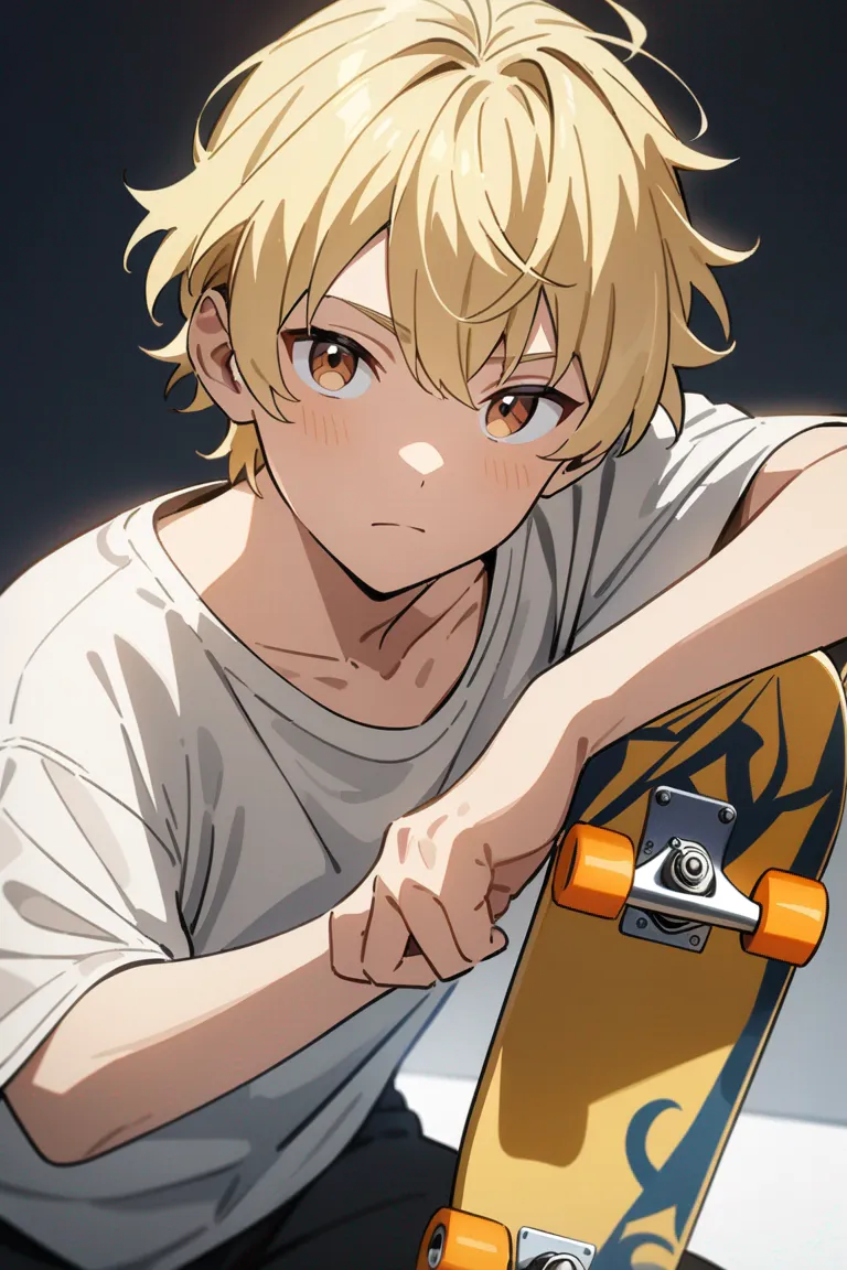 Appearance: 1boy, blonde hair, brown eyes, charming demeanor, casual clothes, skateboard, relaxed pose, single character, upper body, looking at viewer, anime style, simple background, white background