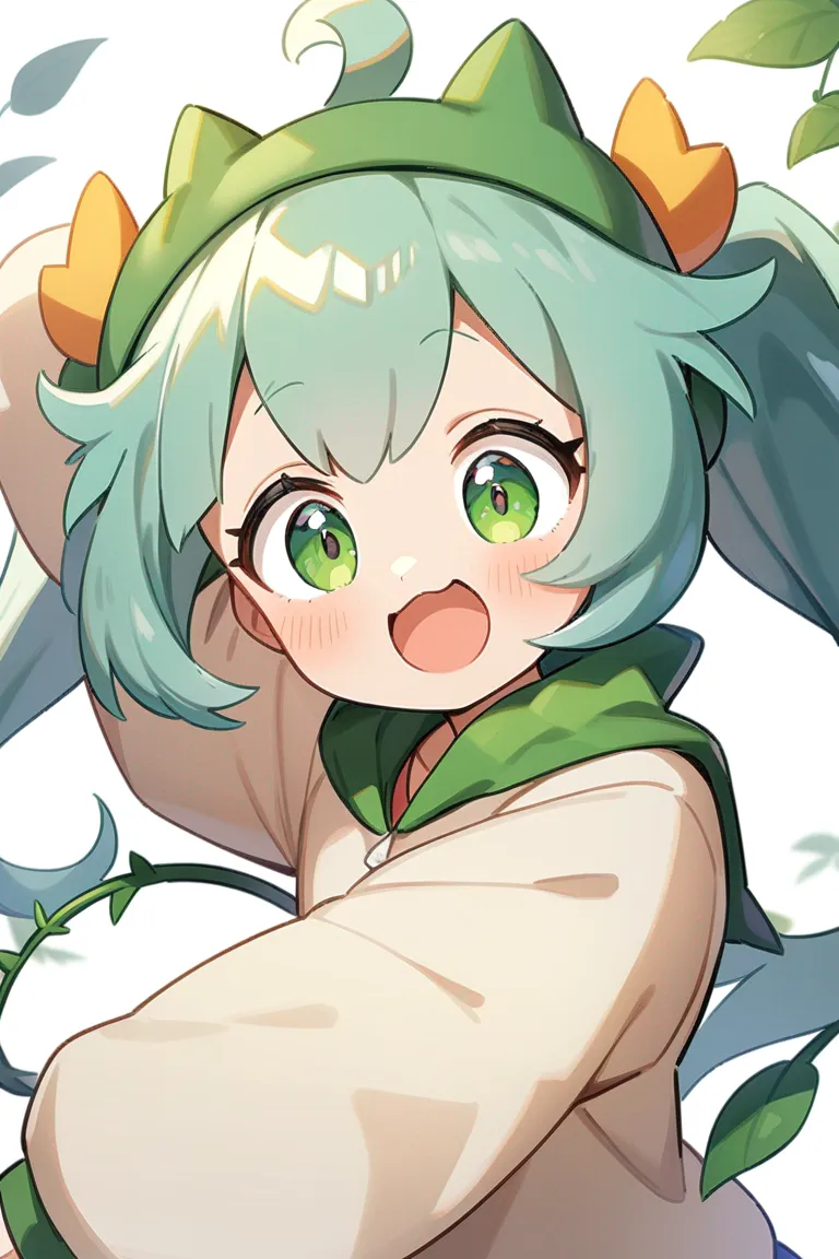 Appearance: 1pokemon, original pokemon, grass type, bipedal, green leafy fluff, large eyes, vine tails, playful expression, jumping pose, single character, upper body, looking at viewer, anime style, simple background, white background