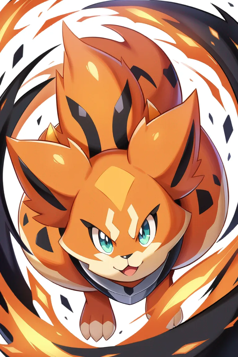 Appearance: 1pokemon, original pokemon, fire type, quadruped, orange fur, black spots, flame tail, determined look, charging pose, single character, upper body, looking at viewer, anime style, simple background, white background