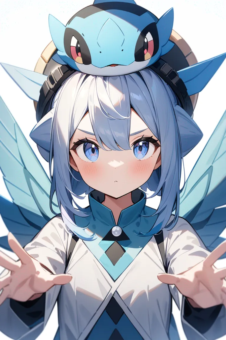 Appearance: 1pokemon, original pokemon, water type, floating, blue scales, fins on head, pearl eyes, serene expression, gliding pose, single character, upper body, looking at viewer, anime style, simple background, white background