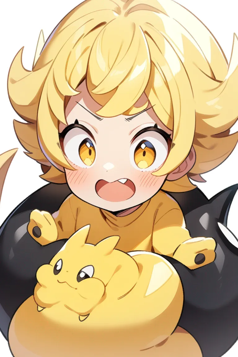 Appearance: 1pokemon, original pokemon, electric type, small creature, yellow body, jagged tail, large eyes, cute expression, excited pose, single character, upper body, looking at viewer, anime style, simple background, white background