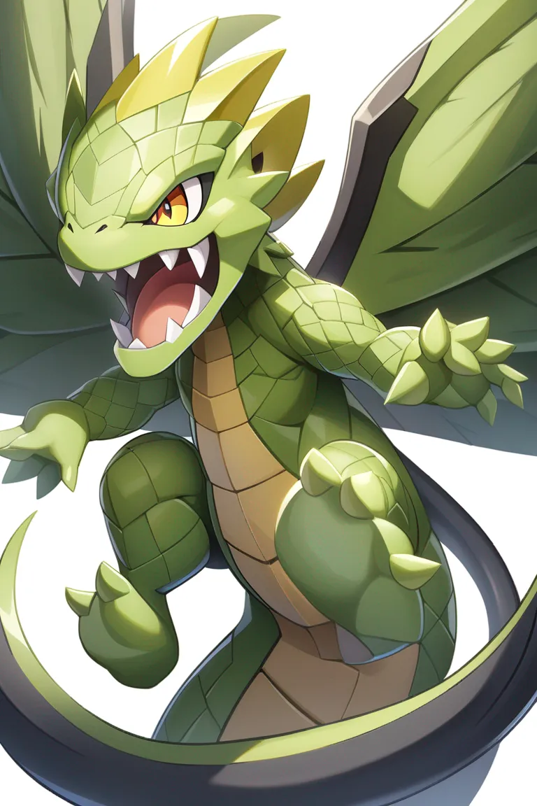 Appearance: 1pokemon, original pokemon, dragon type, large creature, green scaly body, massive wings, fierce expression, soaring pose, single character, upper body, looking at viewer, anime style, simple background, white background