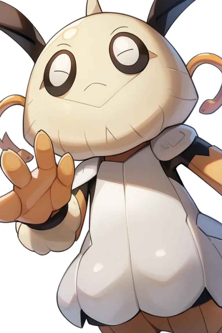 Appearance: 1pokemon, original pokemon, bug type, bipedal, brown carapace, large antennae, beady eyes, excited expression, active pose, single character, upper body, looking at viewer, anime style, simple background, white background