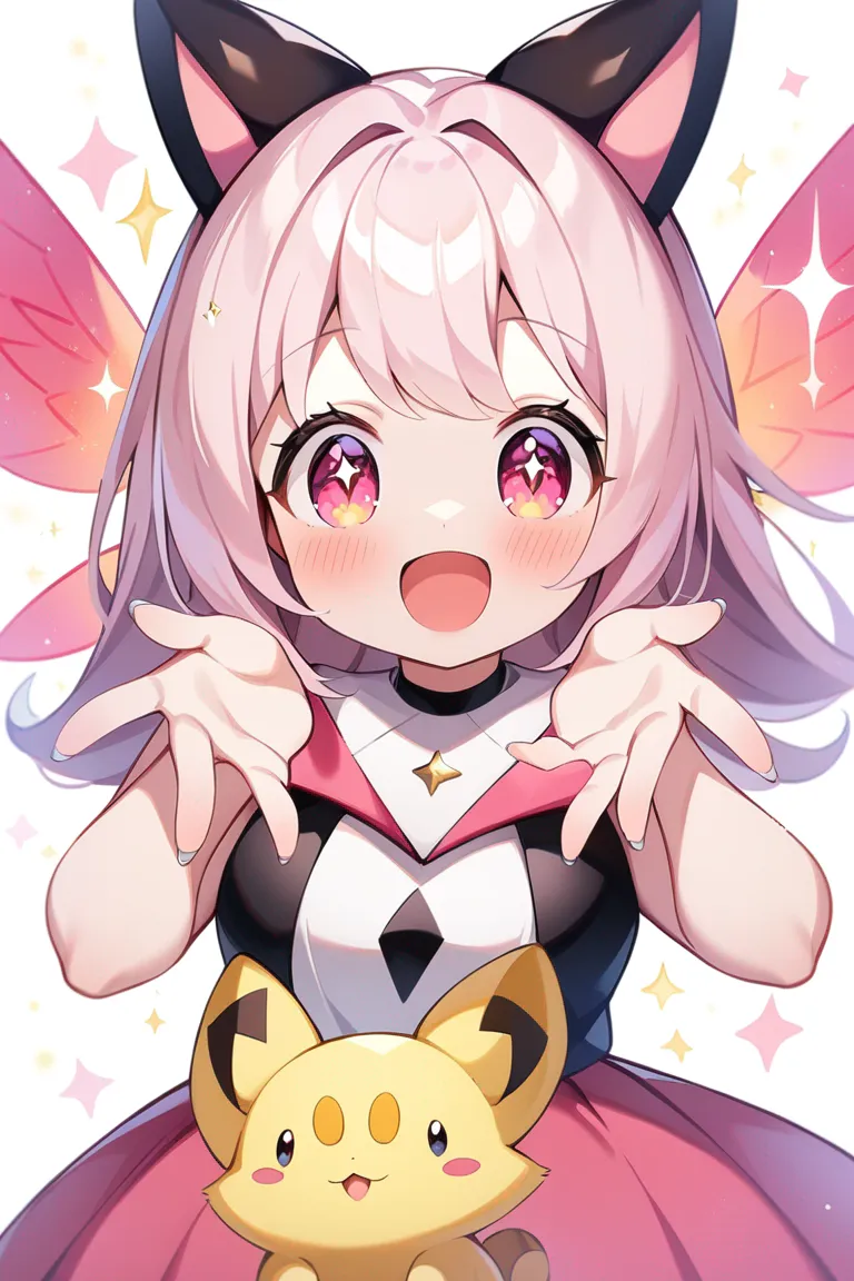 Appearance: 1pokemon, original pokemon, fairy type, small creature, pink body, sparkly wings, twinkling eyes, cheerful expression, fluttering pose, single character, upper body, looking at viewer, anime style, simple background, white background