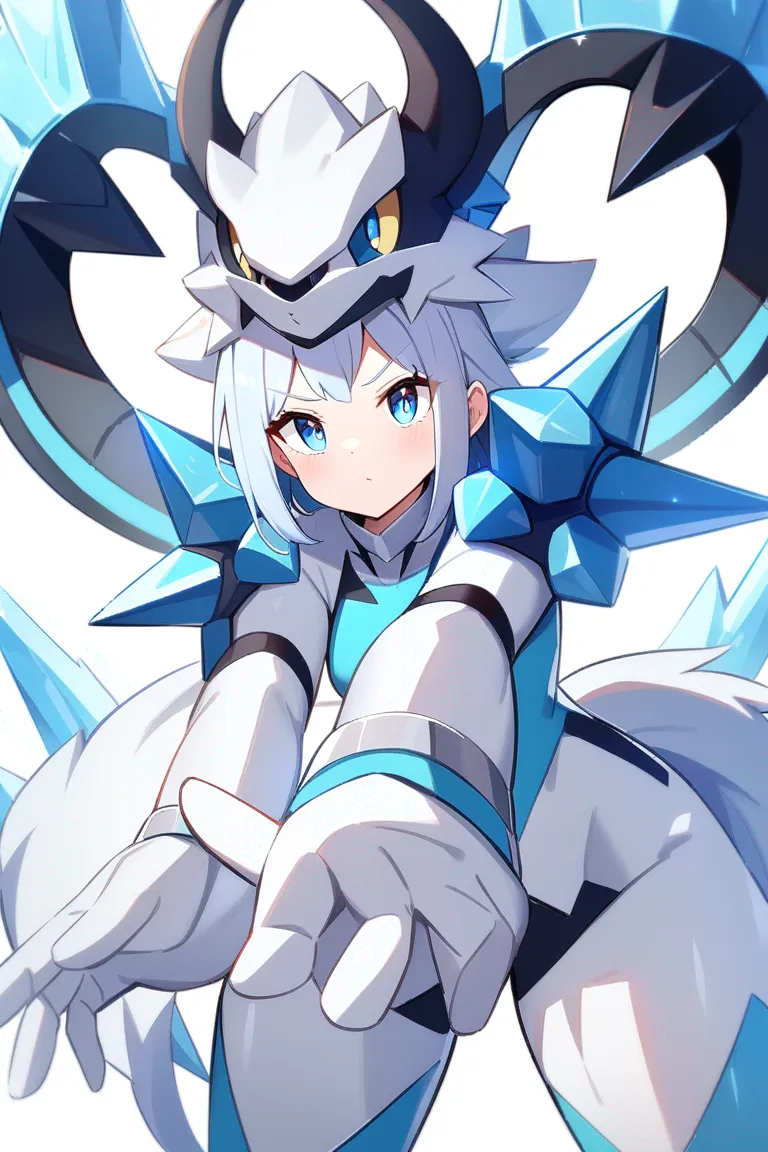 Appearance: 1pokemon, original pokemon, ice type, quadruped, white fur, icy spikes, blue eyes, calm expression, standing pose, single character, upper body, looking at viewer, anime style, simple background, white background